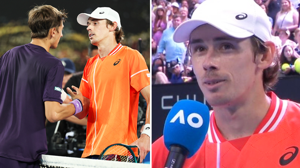 Alex de Minaur embraces Matteo Arnaldi and De Minaur addresses the crowd.