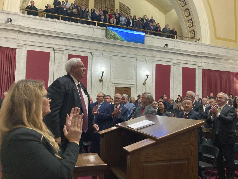 FILE - West Virginia Gov. Jim Justice addresses state lawmakers and other attendees during his State of the State address in the House of Delegates Chamber in the state Capitol, Jan. 11, 2023, in Charleston, W.Va. The two-term governor is set to give his final State of the State speech to lawmakers on Wednesday, Jan. 10, 2024. (AP Photo/Leah Willingham, File)