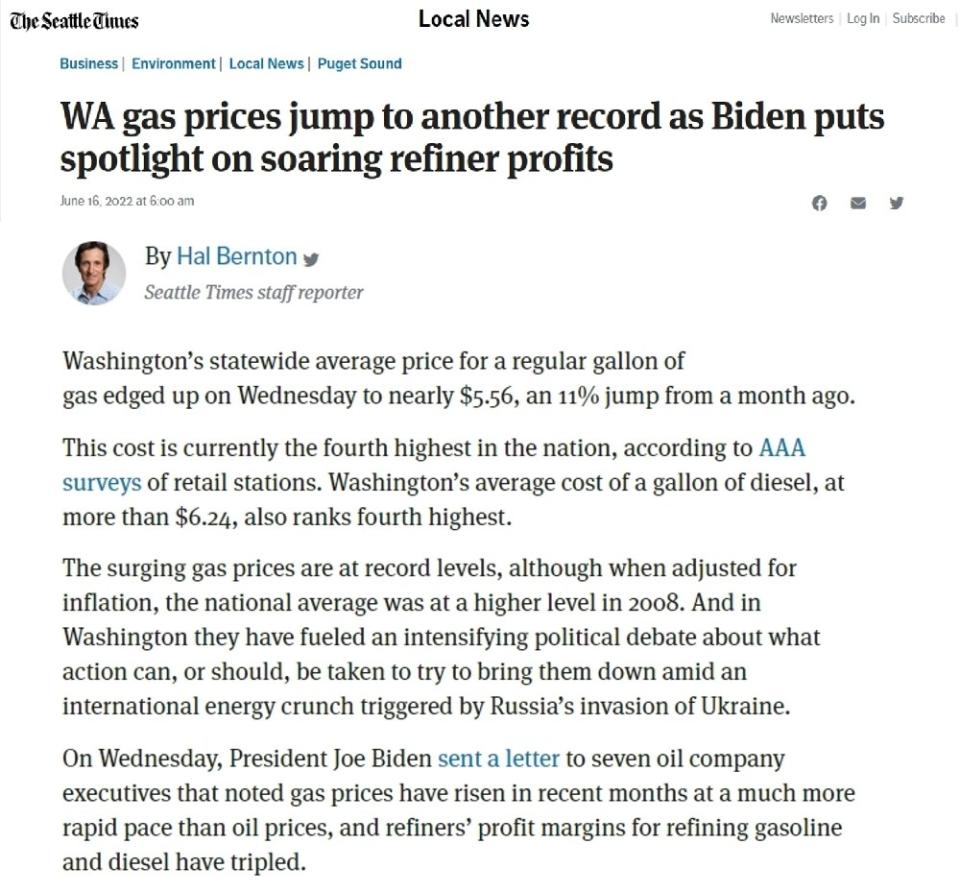 Screenshot of Seattle Times' article, "WA gas prices jump to another record as Biden puts spotlight on soaring refiner profits"