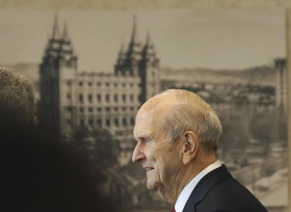 The Church of Jesus Christ of Latter-day Saints President Russell M. Nelson departs after a news conference at the Temple Square South Visitors Center Friday, April 19, 2019, in Salt Lake City. An iconic temple central to The Church of Jesus Christ of Latter-day Saints faith will close for four years to complete a major renovation, and officials are keeping a careful eye on construction plans after a devastating fire at Notre Dame cathedral in Paris. Nelson said the closure will begin in December. (AP Photo/Rick Bowmer)