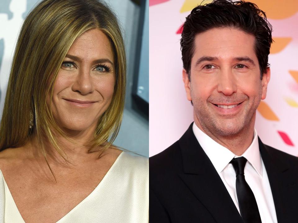 On the left: Jennifer Aniston at the 2020 SAG Awards. On the right: David Schwimmer at the 2020 National Television Awards.