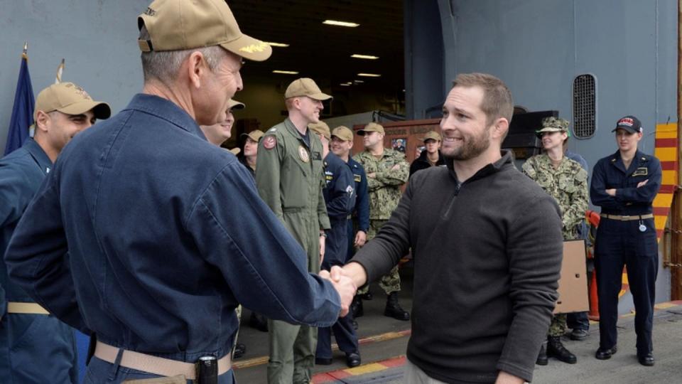 Deployed resiliency counselor Andrew Mauldin bids farewell to the crew of the amphibious assault ship Boxer in 2018. (Photo courtesy Andrew Mauldin)