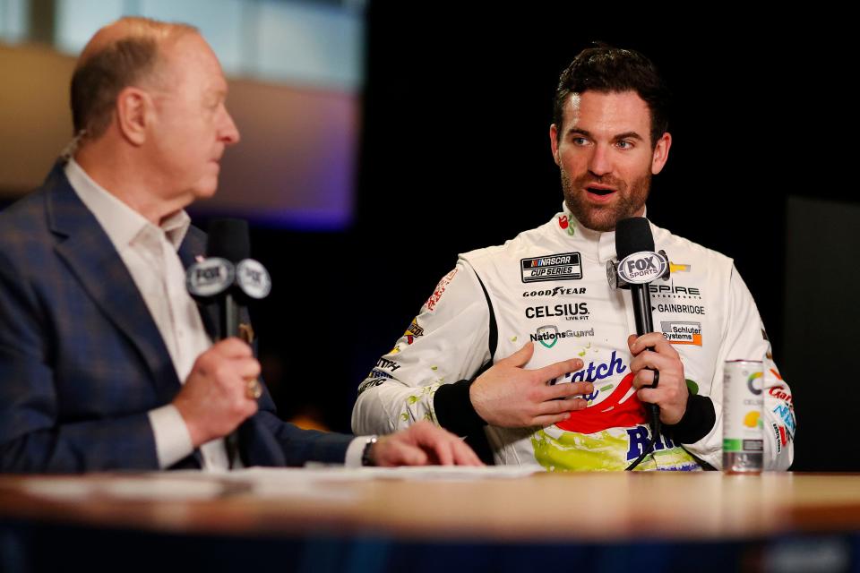 Feb 14, 2024; Daytona Beach, Florida, USA; NASCAR Cup Series driver Corey LaJoie (7) during Daytona 500 Media Day at Daytona International Speedway. Mandatory Credit: Peter Casey-USA TODAY Sports