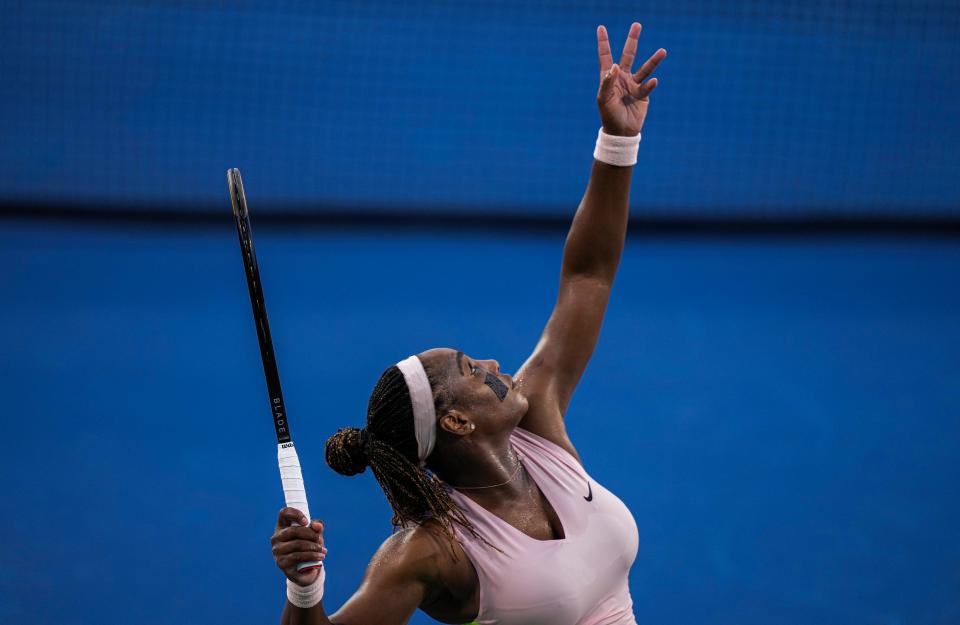 Serena Williams wears black tape on her right cheek during the Western & Southern Open at Lindner Family Tennis Center in Mason Aug. 16, 2022.