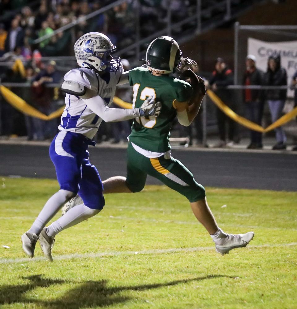 Flat Rock's Corey Lannon (right) catches a touchdown pass in the first quarter against Dundee's Caden Bellaire on Friday, Oct. 28, 2022.