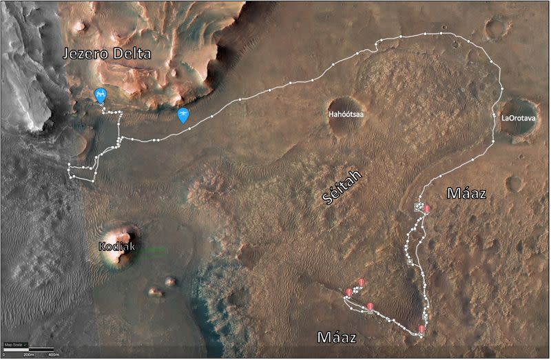 A view of an image overlaid with the path taken by NASA’s Perseverance rover since it landed in Jezero Crater on the surface of Mars