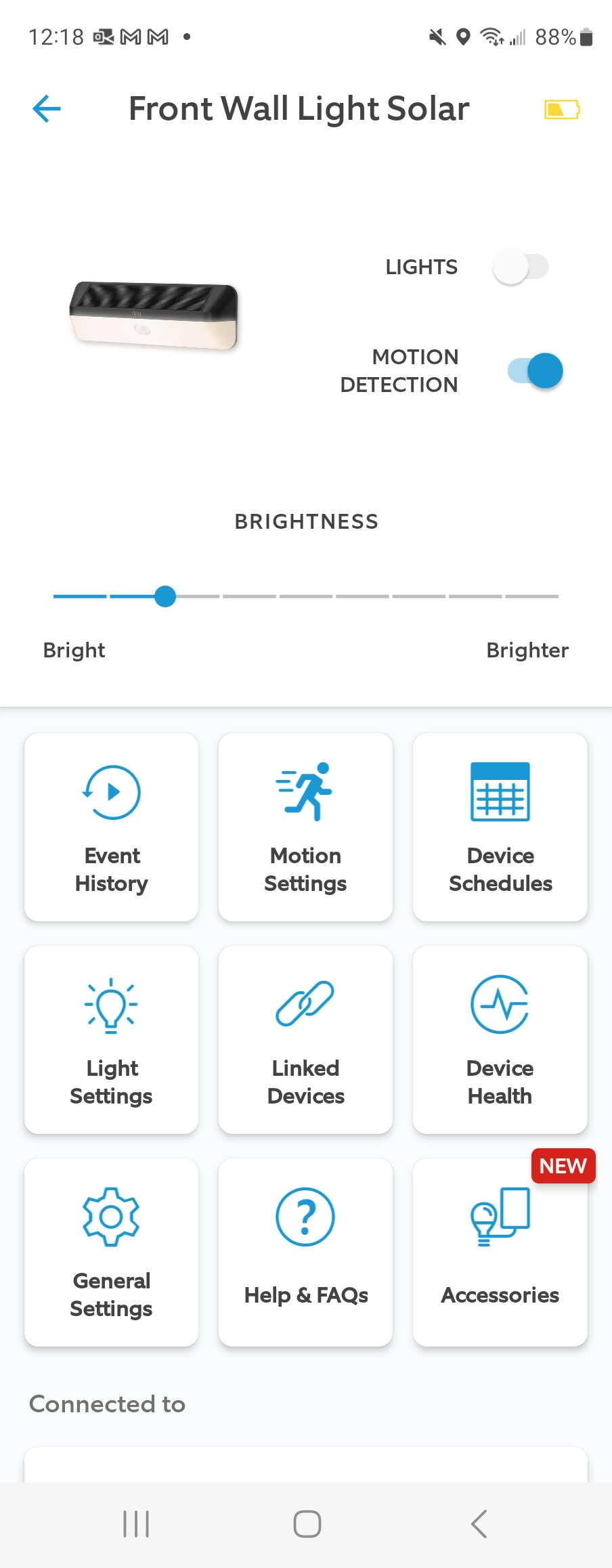 Screenshot of Ring app showing the status of the Ring Solar Wall Light.