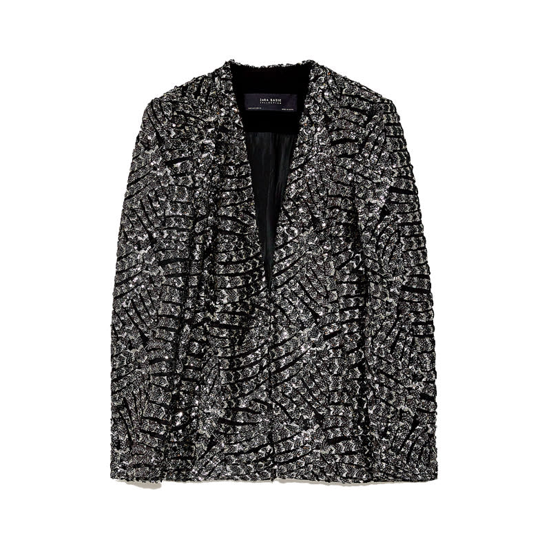 <a rel="nofollow noopener" href="https://www.zara.com/us/en/blazer-with-sequins-p08655544.html?v1=5243527&v2=840002" target="_blank" data-ylk="slk:Blazer With Sequins, Zara, $119;elm:context_link;itc:0;sec:content-canvas" class="link ">Blazer With Sequins, Zara, $119</a>