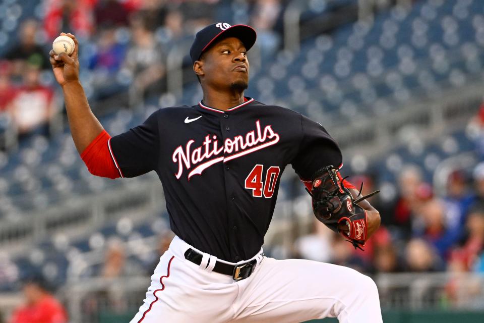 Apr 18, 2023; Washington, District of Columbia, USA; Washington Nationals starting pitcher Josiah Gray (40) throws to the Baltimore Orioles during the first inning at Nationals Park. Mandatory Credit: Brad Mills-USA TODAY Sports