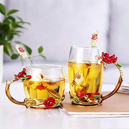 27) Luka Tech Enamel Butterfly flower Lead-free Glass Coffee Mugs Tea Cup with Steel Spoon, personalised Gifts For Women Wife Mom Girl Teacher Friends Birthday Mothers Valentines Day Wedding (Rose)