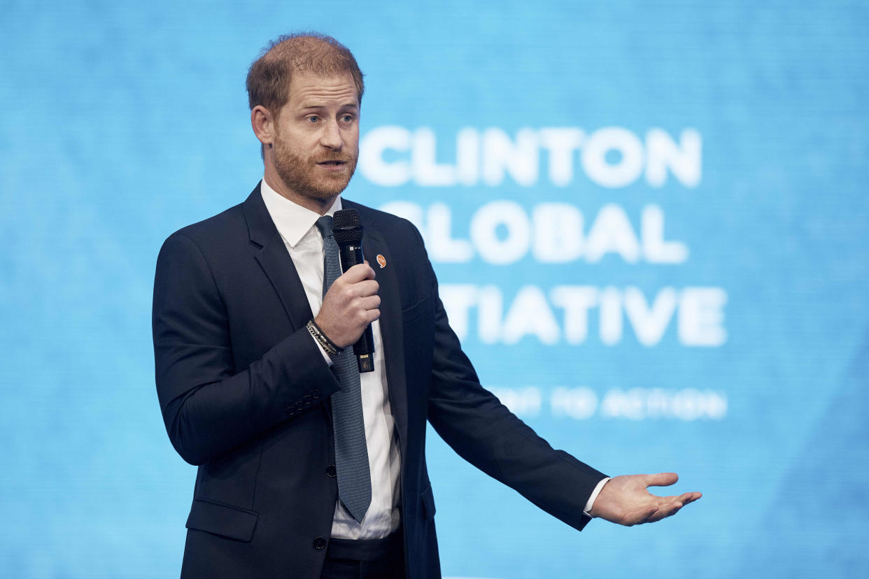 Prince Harry speaks during the Clinton Global Initiative, Tuesday, Sept. 24, 2024, in New York. (AP Photo/Andres Kudacki)