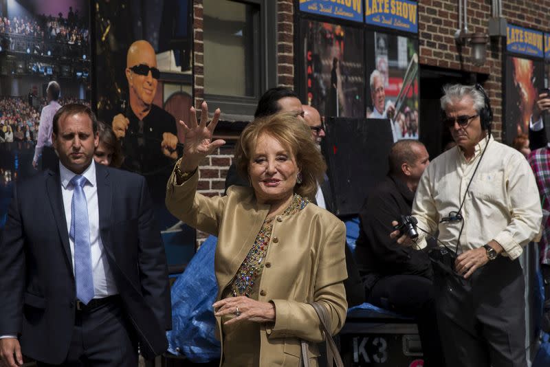 FILE PHOTO: Journalist Barbara Walters arrives at Ed Sullivan Theater in Manhattan as David Letterman prepares for the taping of tonight's final edition of "The Late Show" in New York
