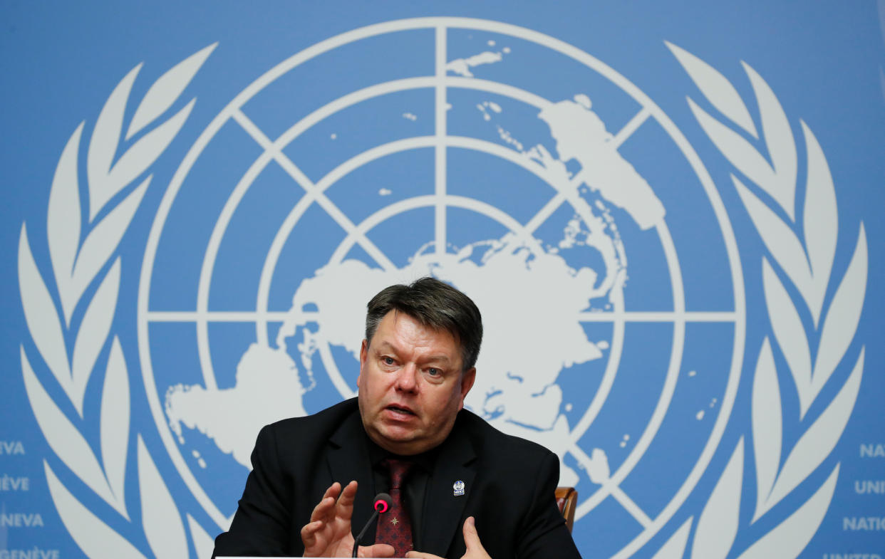 World Meteorological Organization Secretary-General Petteri Taalas attends a news conference in Geneva after the release of the IPCC report, Oct. 8, 2018. (Denis Balibouse / Reuters)