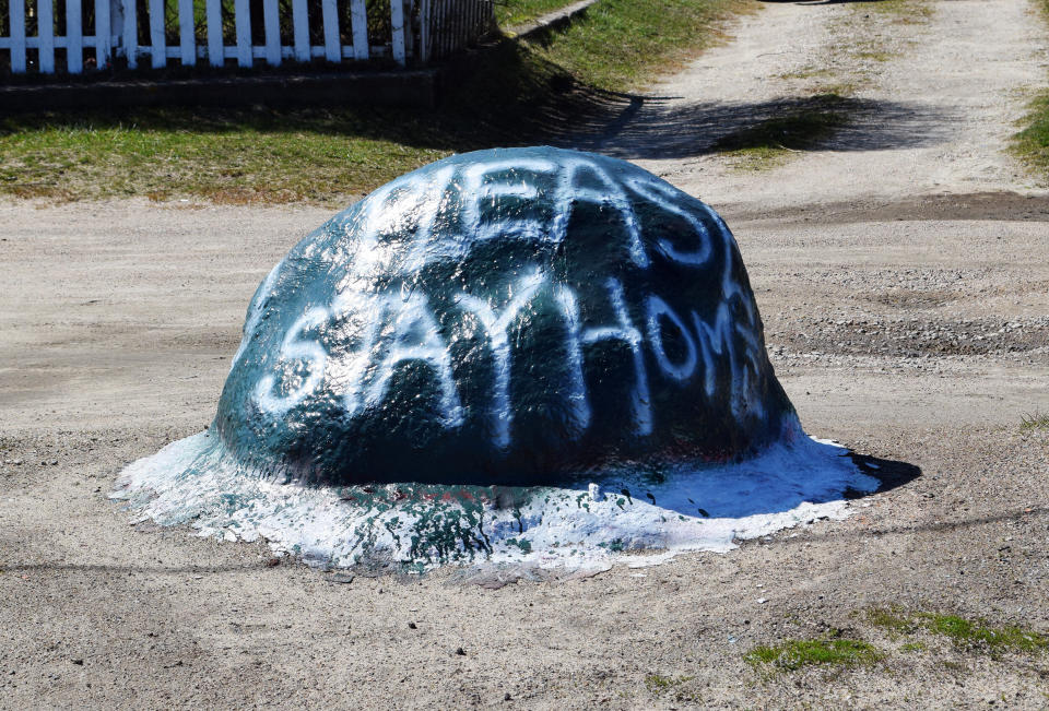 A rock painted with the message "Please Stay Home" in New Shoreham, Rhode Island, on March 26. (Photo: Kari Curtis for HuffPost)