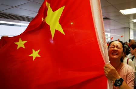 A Pro-China demonstrator holds a Chinese national flag at Amoy Plaza shopping mall in Kowloon Bay, Hong Kong