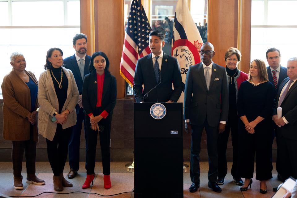Cincinnati Mayor Aftab Pureval speaks during a press conference announcing a proposed sale of Cincinnati Southern Railway to Norfolk Southern Corp. at Union Terminal. Pureval supports the sale that was brought forward by the board overseeing the Cincinnati Southern Railway.