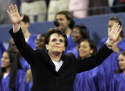 Billie Jean King waves to the crowd during the dedication ceremony for the USTA National Tennis Center re-named in her honor at the US Open tennis tournament in New York, Monday, Aug. 28, 2006. It’s the 50th anniversary of Billie Jean King and eight other women breaking away from the tennis establishment in 1970 and signing a $1 contract to form the Virginia Slims circuit. That led to the WTA Tour, which offers millions in prize money. (AP Photo/Elise Amendola)