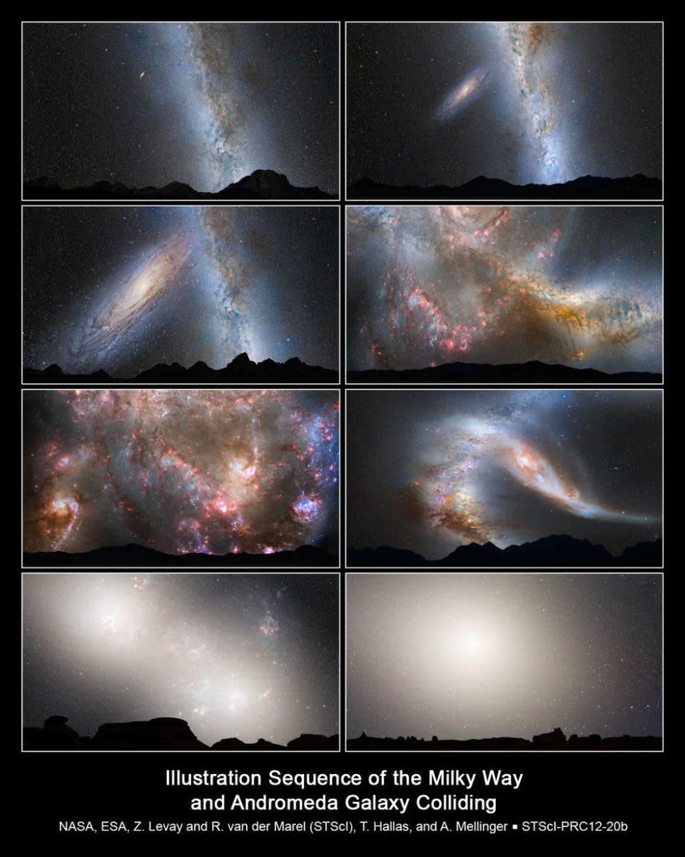 This series of photo illustrations shows the predicted merger between our Milky Way galaxy and the neighboring Andromeda galaxy. From the top left, which depicts present day, to the bottom right, which depicts 7 billion years in the future after the galaxies have merged.&nbsp; / Credit: NASA; ESA; Z. Levay and R. van der Marel, STScI; T. Hallas, and A. Mellinger