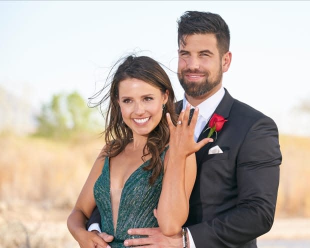 Katie Thurston and Blake Moynes sealed the deal on The Bachelorette's 17th season on Monday night, when the Hamilton wildlife manager became the first Canadian to get the final rose in the long-running American reality show.  (ABC - image credit)