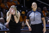 Tennessee head coach Kellie Harper, left, reacts after a call in the first half of a second-round college basketball game against Toledo in the NCAA Tournament, Monday, March 20, 2023, in Knoxville, Tenn. (AP Photo/Wade Payne)