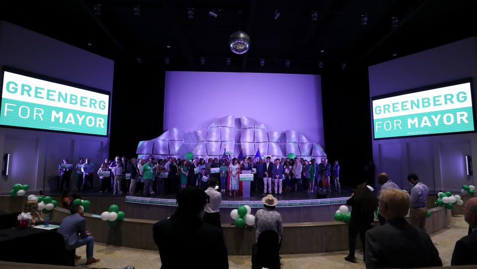 Mayoral candidate Craig Greenberg was joined on stage by family and supporters at the C2 Event Venue after winning the Democratic primary election in Louisville, Ky. on May 17, 2022.  