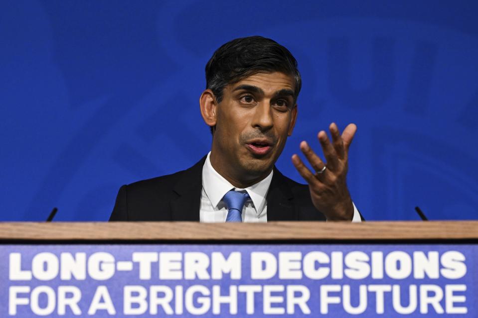 FILE - Britain's Prime Minister Rishi Sunak delivers a speech during a press conference on the net zero target, at the Downing Street Briefing Room, in central London, Wednesday Sept. 20, 2023. (Justin Tallis/Pool via AP, File)