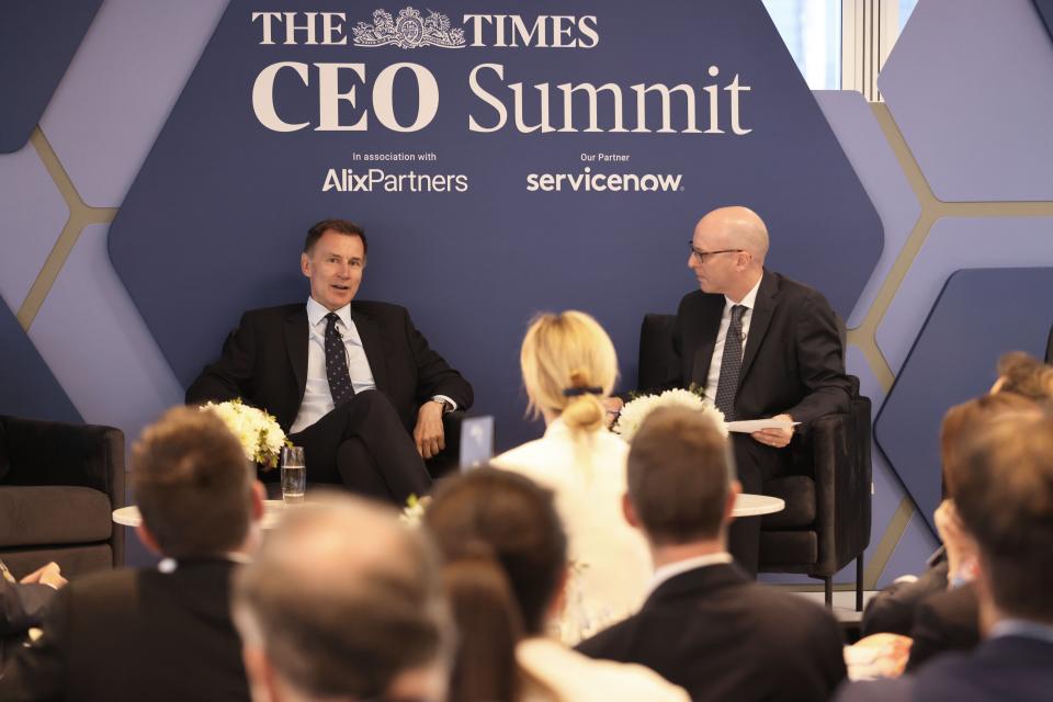 Chancellor Jeremy Hunt (left) speaking during the Times CEO summit 2024 in London (Jack Hill/The Times CEO summit/PA Wire)