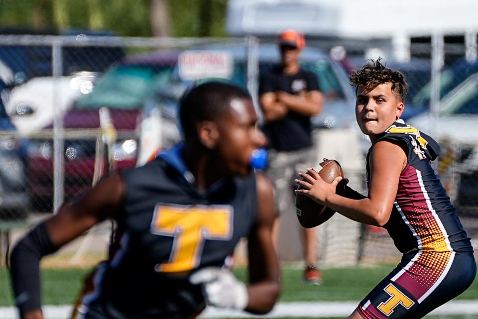 Tolleson Union High School’s Kristian Escobedo throws the ball during a game against ALA Gilbert North in the Storm Summer Championship tournament at Arizona Christian University in Glendale on May 30, 2023.