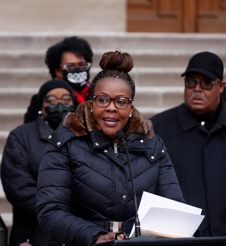 Indiana Black Legislative Caucus Chair State Rep. Robin Shackleford speaks during a press conference, Tuesday, Feb. 01, 2022, at the Indiana State Capital in Indianapolis. 