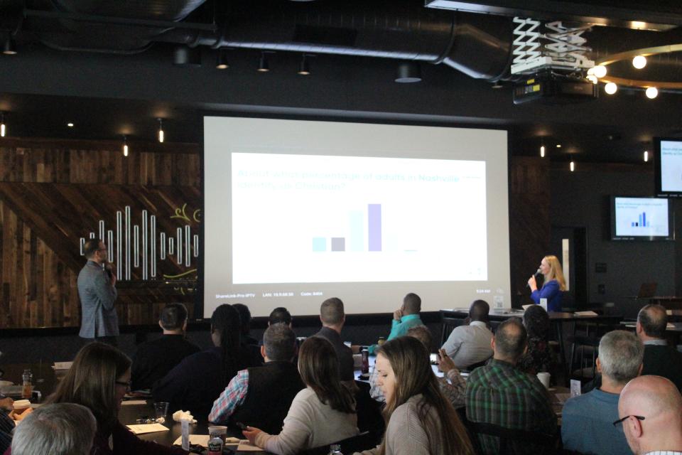 Savannah Kimberlin, director of research for Barna, a Christian polling agency, and Adam Buzard with Operation Andrew Group present data from "The State of Nashville," a study on faith in Middle Tennessee at an event Thursday, Jan. 23, 2023