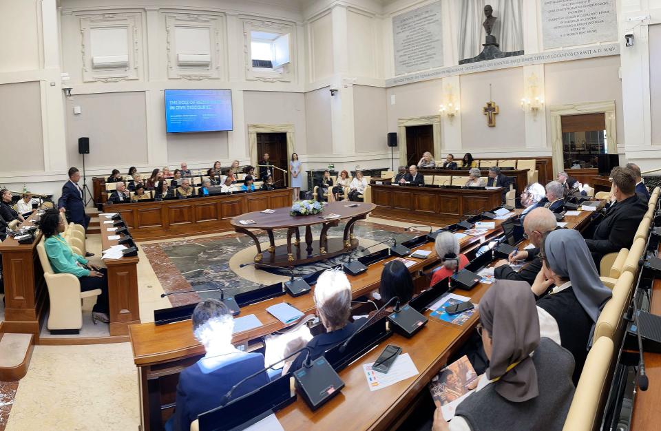 DMC CEO Keith McMullin speaks during a Deseret Management Corporation partnered symposium on the “Role of News, Media and Art in Society” at the Vatican in Rome on Thursday, May 11, 2023. | Jeffrey D. Allred, Deseret News