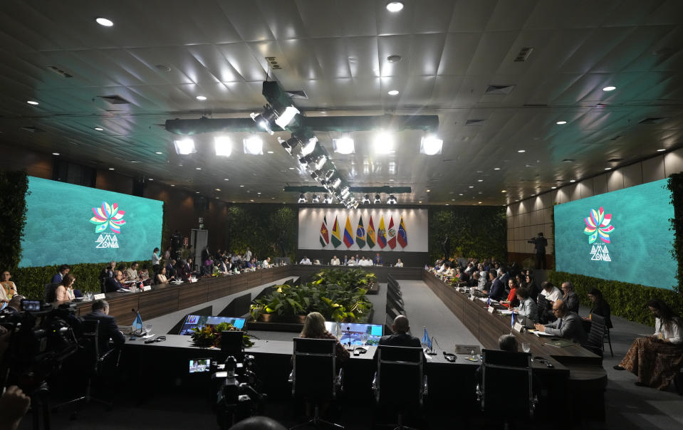 South American leaders attend the Amazon Summit at the Hangar Convention Center in Belem, Brazil, Wednesday, Aug. 9, 2023. Belem is hosting the Amazon Cooperation Treaty Organization that is meeting to chart a common course for protection of the bioregion and to address organized crime. (AP Photo/Eraldo Peres)