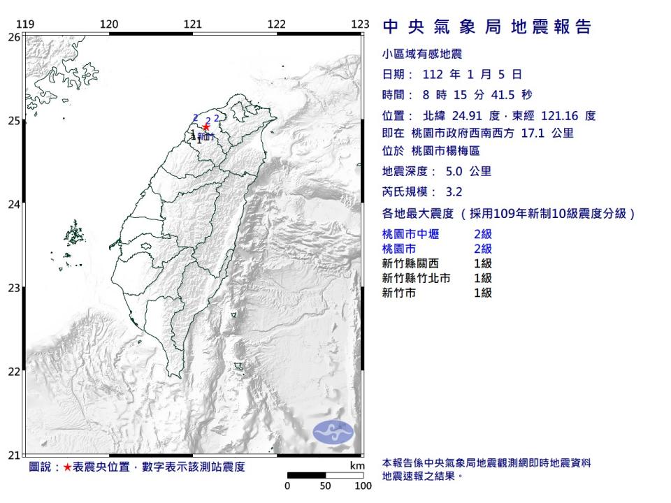 楊梅區今天早上發生地震。（圖／中央氣象局）