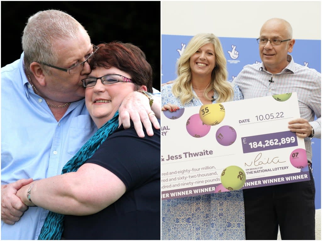 Colin and Chris Weir after their £161 million win in 2011 (left), and Joe and Jess Thwaite after their £184 million win in 2022 (right) (PA)