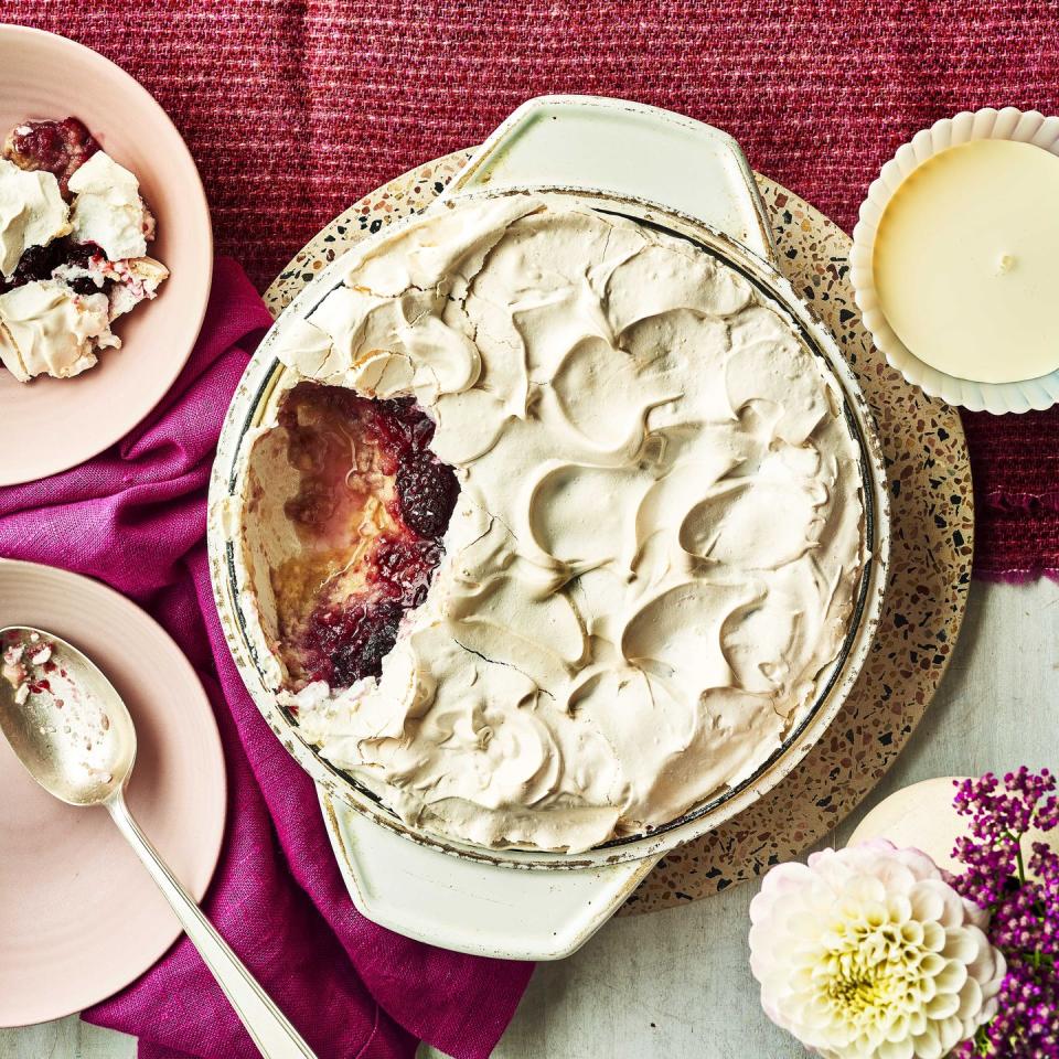 <p>Traditionally made with raspberry jam, the basic queen of puddings is easily adapted to use any seasonal fruit you like. If you want to use stone fruit, halve and destone them and gently poach until just tender before using in place of the fresh fruit and jam.</p><p><strong>Recipe:<a href="https://www.goodhousekeeping.com/uk/food/recipes/a38592376/bramble-queen-puddings/" rel="nofollow noopener" target="_blank" data-ylk="slk:Bramble Queen of Puddings;elm:context_link;itc:0;sec:content-canvas" class="link "> Bramble Queen of Puddings</a></strong></p>