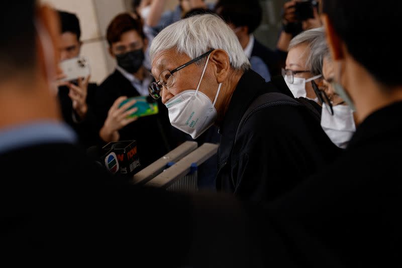 Retired bishop Cardinal Joseph Zen Ze-kiun speaks to the media at the West Kowloon Magistrates' courts in Hong Kong