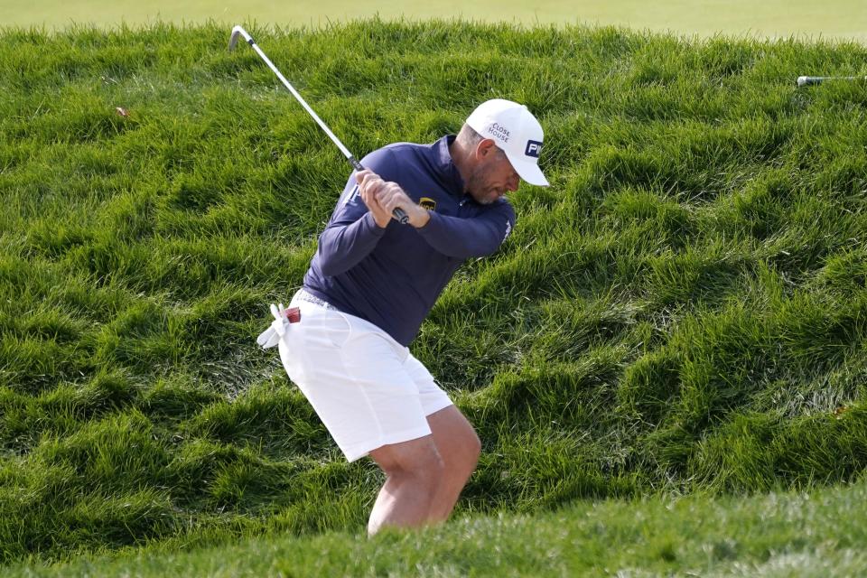 Lee Westwood, of England, practices before the U.S. Open Championship golf tournament, Tuesday, Sept. 15, 2020, at the Winged Foot Golf Club in Mamaroneck, N.Y. (AP Photo/Charles Krupa)