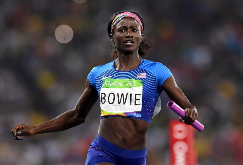 Tori Bowie of the United States reacts after crossing the finishline to win the Women's 4 x 100m Relay Final on Day 14 of the Rio 2016 Olympic Games at the Olympic Stadium on August 19, 2016 in Rio de Janeiro, Brazil (Getty Images)