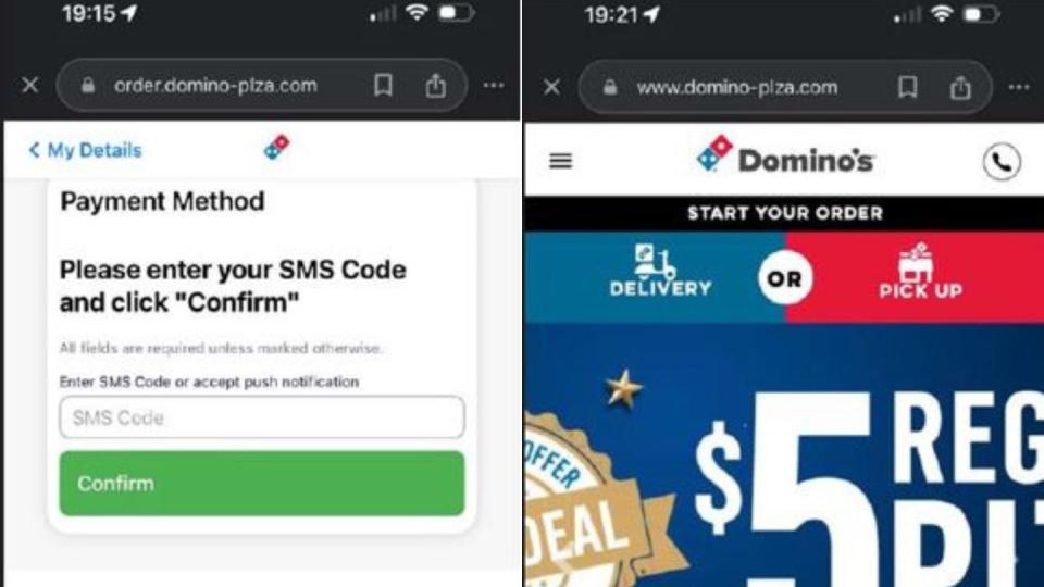 Victims duped by counterfeit Domino's Pizza sites resembling the authentic platform.