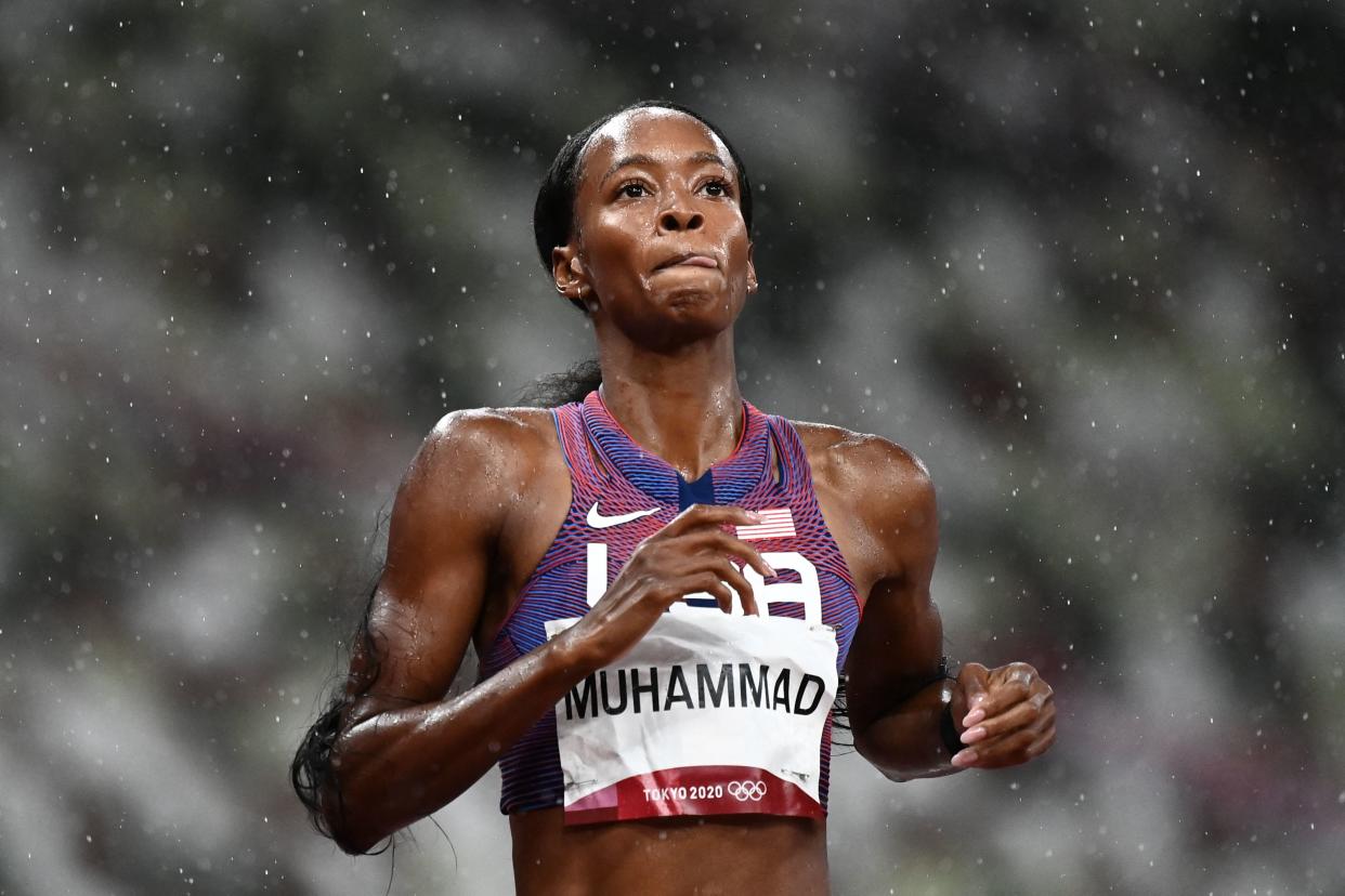 USA's Dalilah Muhammad wins the women's 400m hurdles semi-finals during the Tokyo 2020 Olympic Games at the Olympic stadium in Tokyo on August 2, 2021. (Photo by Jewel SAMAD / AFP) (Photo by JEWEL SAMAD/AFP via Getty Images)