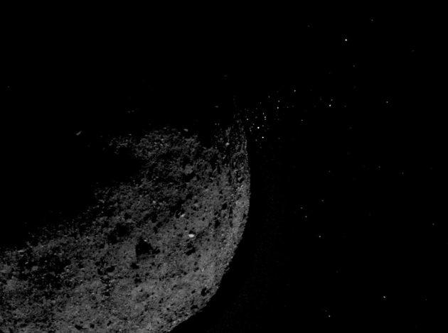 This view of asteroid Bennu ejecting particles from its surface on Jan. 19 was created by combining two images taken by NASA’s OSIRIS-REx spacecraft. Other image processing techniques were applied, such as cropping and adjusting the brightness and contrast of each image. (NASA / Goddard / Univ. of Arizona / Lockheed Martin Photo)