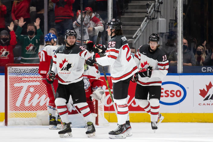  Mason McTavish #23 and Owen Power #25 will both represent Canada at the Olympics. (Photo by Codie McLachlan/Getty Images)
