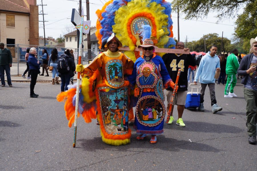 Mardi Gras Indians and revelers during the Uptown Super Sunday celebration in New Orleans (LeBron Joseph photo)