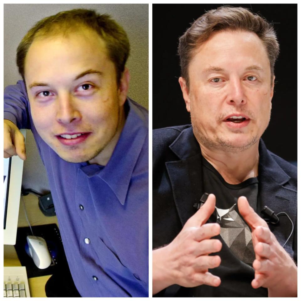 Elon Musk leitet heute weitaus mehr Unternehmen als 1999 – dem Jahr, in dem das linke Foto aufgenommen wurde. - Copyright: AP / Richard Bord/WireImage via Getty Images