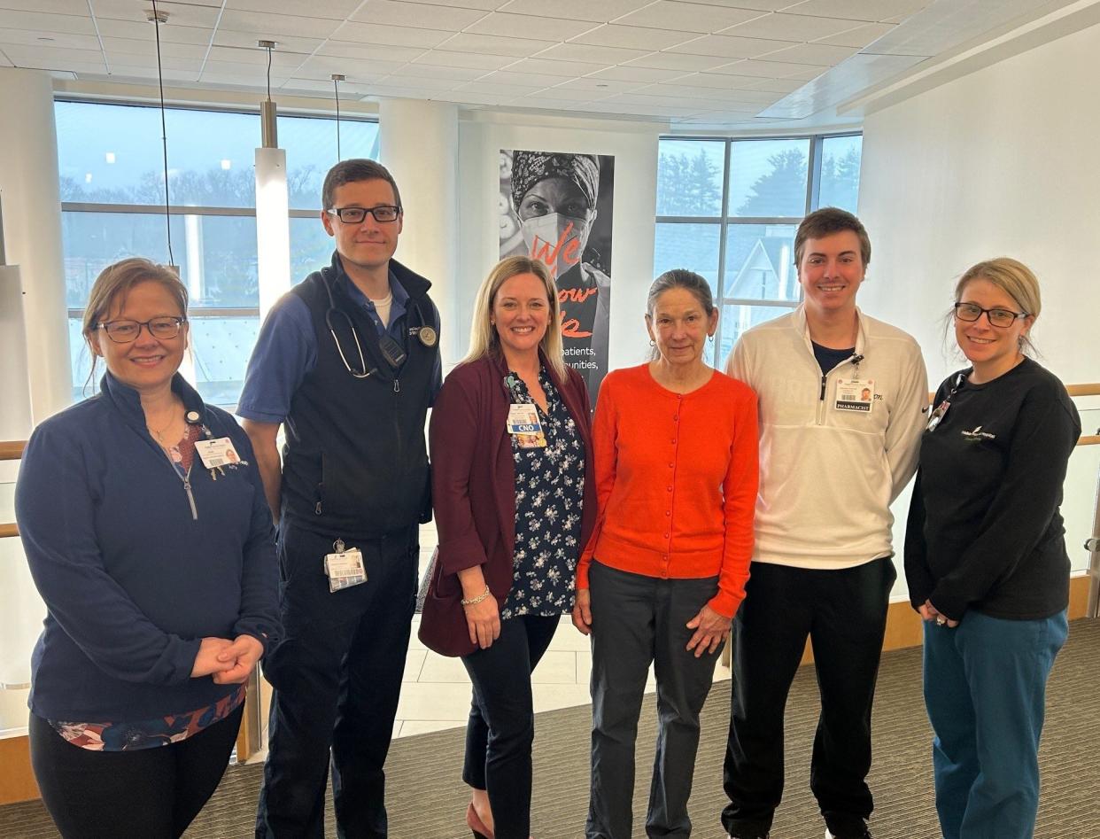 Emily Sylvain of Farmington, third from right, reunited with her care team at Frisbie Memorial Hospital after surviving a stroke. Emily arrived at the ER with classic stroke symptoms, and was quickly treated resulting in a full recovery.