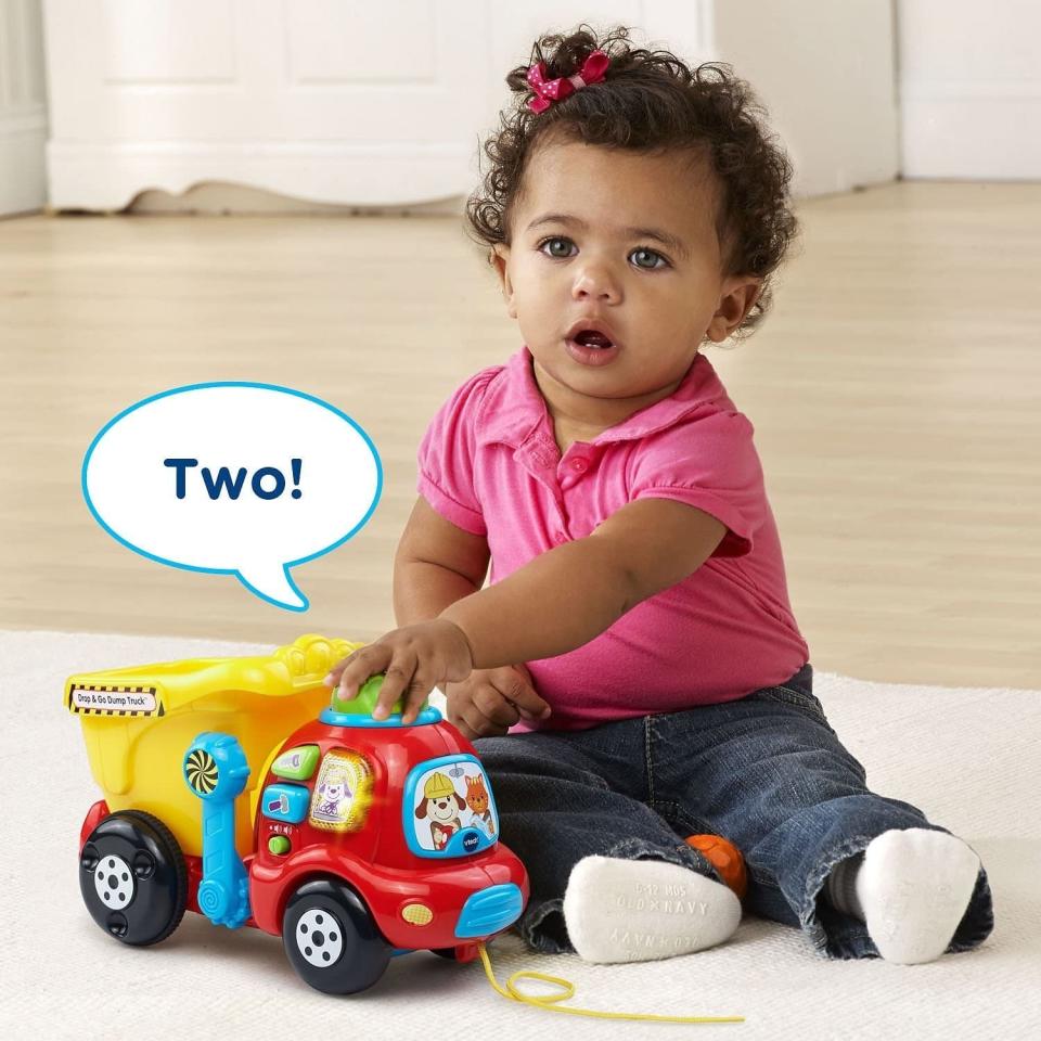 Teach the kiddies counting by dropping colorful boulders in the back bucket while playing melodies and phrases for learning about tools and colors.<br /><br /><strong>Promising review:</strong> "Super cute toy for the toddler age! Plus for all moms out there who go nuts when the same five songs go off this one actually has an off switch! Yay! <strong>It also has a low and medium sound setting which is a must for any toy I buy.</strong> The buttons and lever on the dump truck are great for little hands. Definitely worth every penny!" &mdash; <a href="https://amzn.to/32C35ND" target="_blank" rel="noopener noreferrer">Liesl</a>﻿<br /><strong><br />Get it from Amazon for <a href="https://amzn.to/32C35ND" target="_blank" rel="noopener noreferrer">$17.99+﻿</a> (available in two colors).</strong>