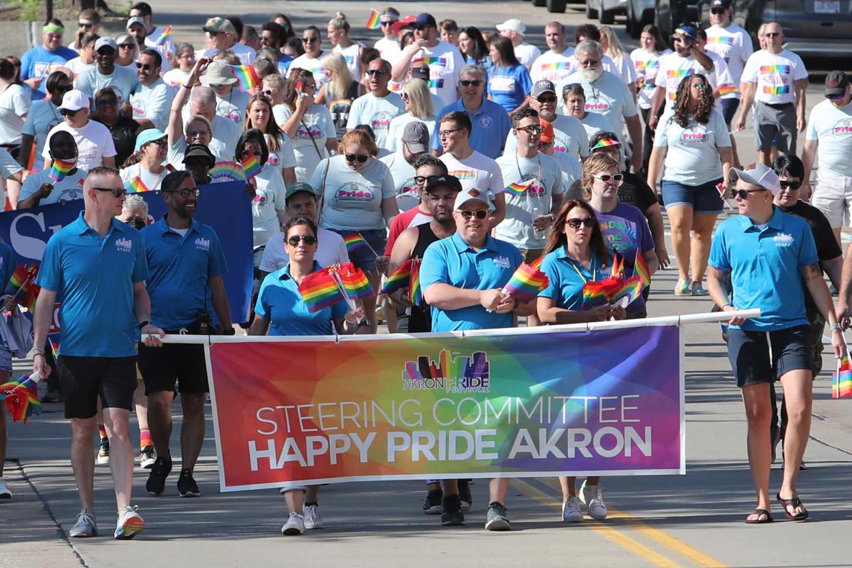 The Akron Equity March is led by the 2022 Akron Pride Festival Steering Committee along South Main Street leading to Lock 3 in August. Thousands attended the event.