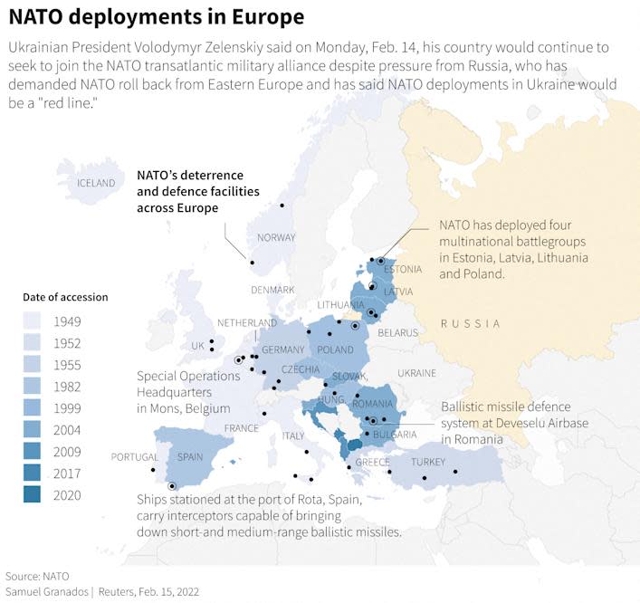 Kart over NATOs utplasseringer i Europa.  (Reuters)