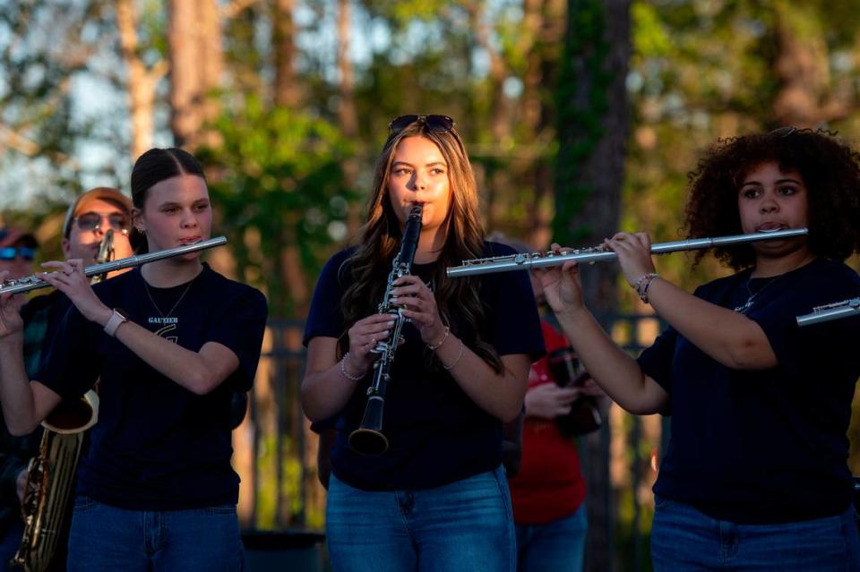 The Gautier High School band performs during a ribbon cutting ceremony at The Sound Amphitheater in Gautier prior to KC and The Sunshine Band’s performance on Friday, April 12, 2024. Hannah Ruhoff/Sun Herald