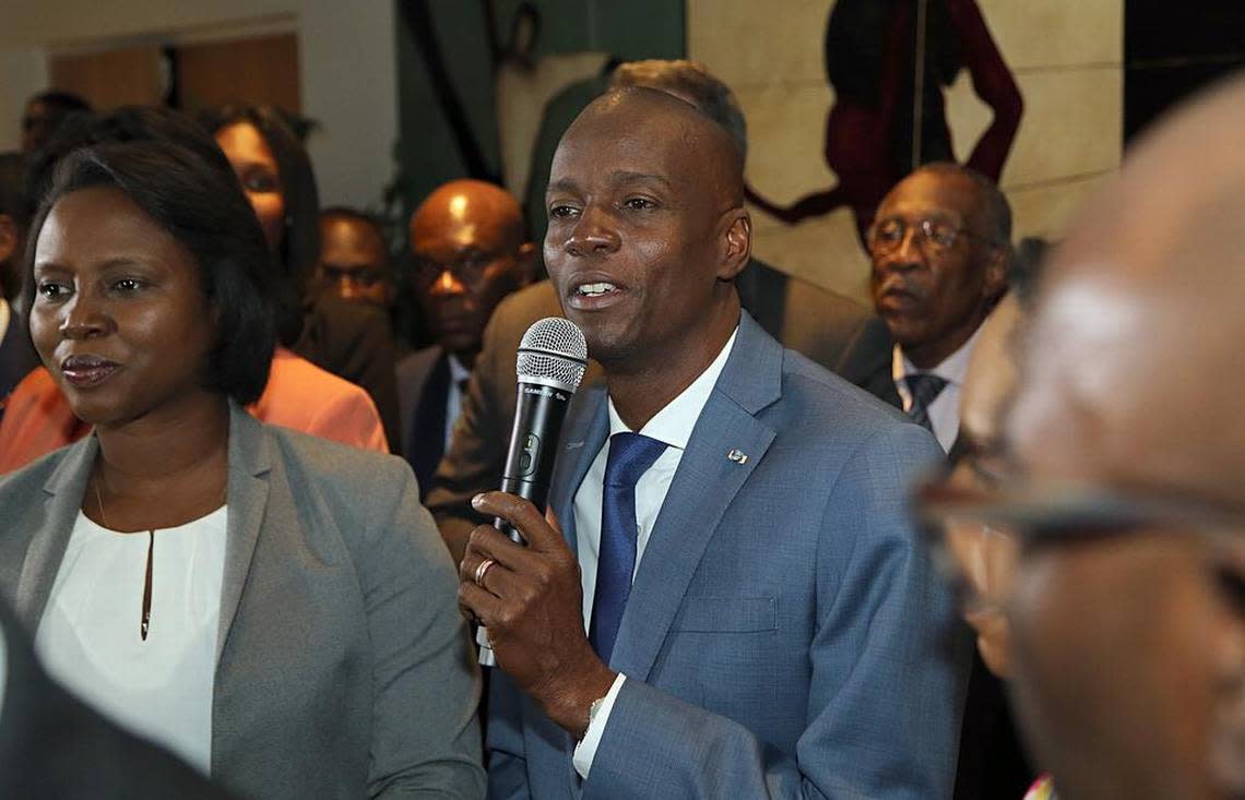 Haitian President Jovenel Moïse, accompanied by his wife, Martine Marie Etienne Joseph, speaks to a group of Haitians living in South Florida who welcomed him as he makes his first visit to Miami as president during a community meeting at the Little Haiti Cultural Center on Friday, June 16, 2017.